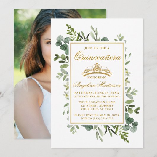 エレガントな水彩画のグリーンとゴールドのキンセアニエラの写真 招待状 (正面/裏面)