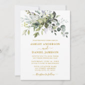 エレガントな水彩画のグリーン写真結婚式 ゴールド 招待状 (正面)
