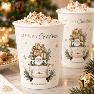 エレガントな水彩画のサンタカーの雪のクリスマスパーティー 紙コップ