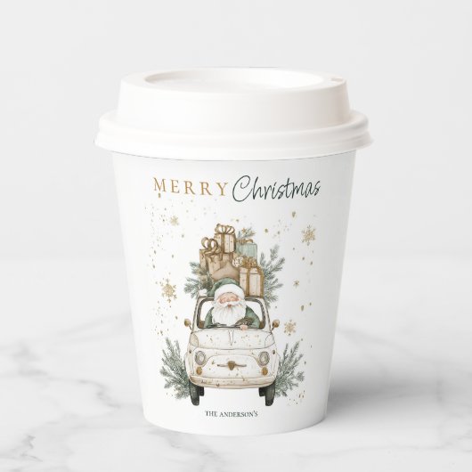エレガントな水彩画のサンタカーの雪のクリスマスパーティー 紙コップ (正面)