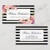 エレガントな水彩画のストライプのな花のピンクの金ゴールドフレーム 名刺 (正面/裏面)