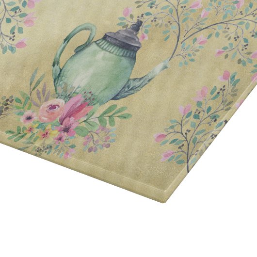 エレガントな水彩画のティーポットおよび花の金ゴールド カッティングボード (角)