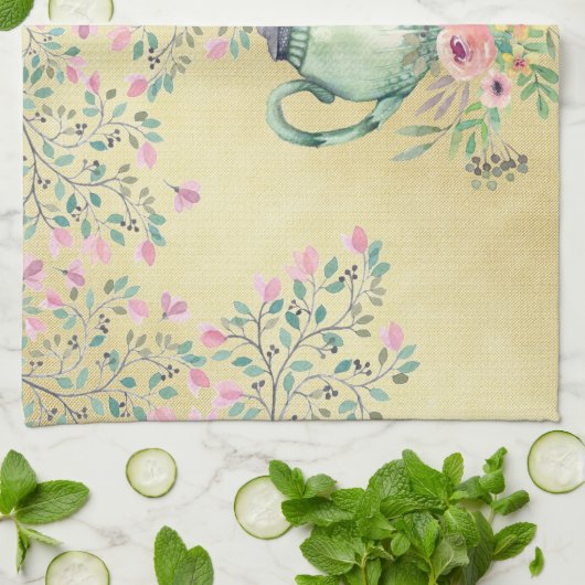 エレガントな水彩画のティーポットおよび花の金ゴールド キッチンタオル (折り畳み)