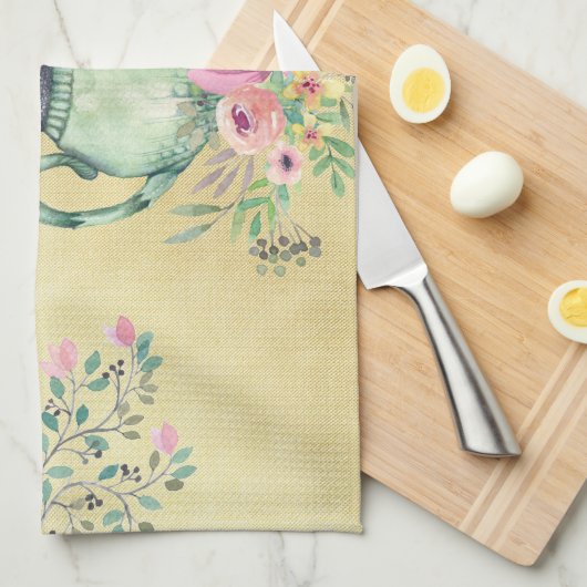 エレガントな水彩画のティーポットおよび花の金ゴールド キッチンタオル (四つ折り)