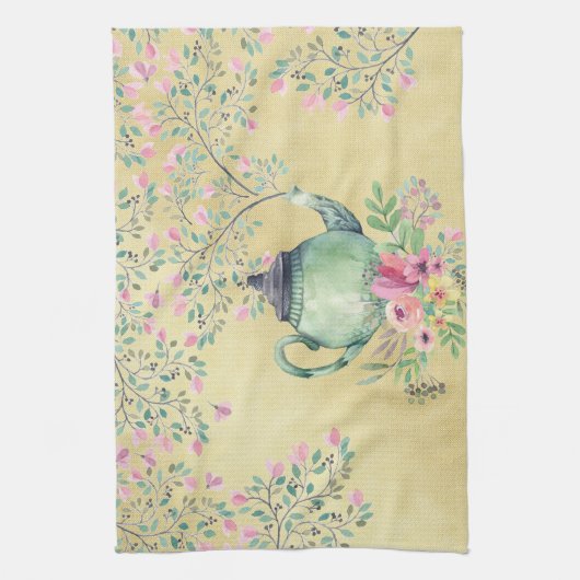 エレガントな水彩画のティーポットおよび花の金ゴールド キッチンタオル (縦)