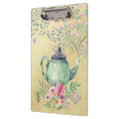 エレガントな水彩画のティーポットおよび花の金ゴールド クリップボード (左)