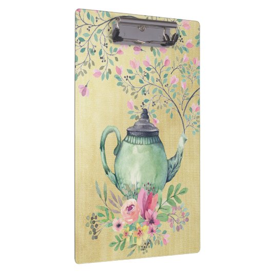 エレガントな水彩画のティーポットおよび花の金ゴールド クリップボード (右)