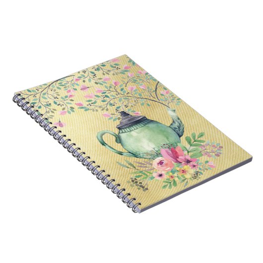 エレガントな水彩画のティーポットおよび花の金ゴールド ノートブック (右側)