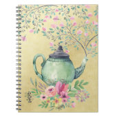 エレガントな水彩画のティーポットおよび花の金ゴールド ノートブック (正面)