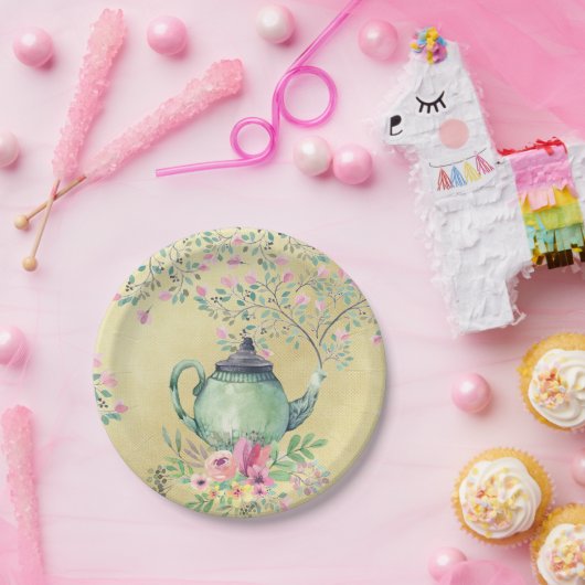 エレガントな水彩画のティーポットおよび花の金ゴールド ペーパープレート (パーティー)