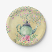 エレガントな水彩画のティーポットおよび花の金ゴールド ペーパープレート (正面)