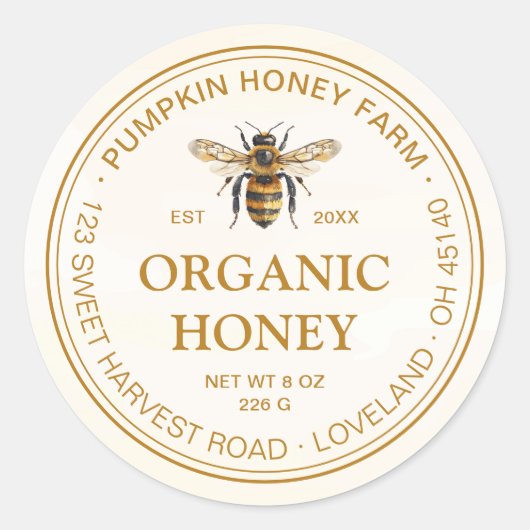 エレガントな水彩画のハチの円形フレーム付き蜂蜜瓶ラベル ラウンドシール (正面)