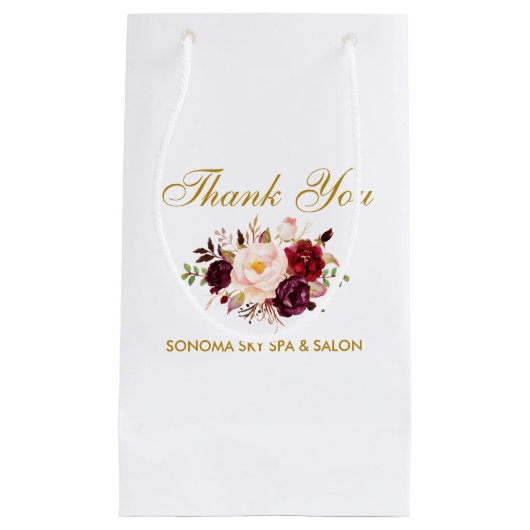 エレガントな水彩画のバーガンディの花の金ゴールドは感謝していしています スモールペーパーバッグ (正面)