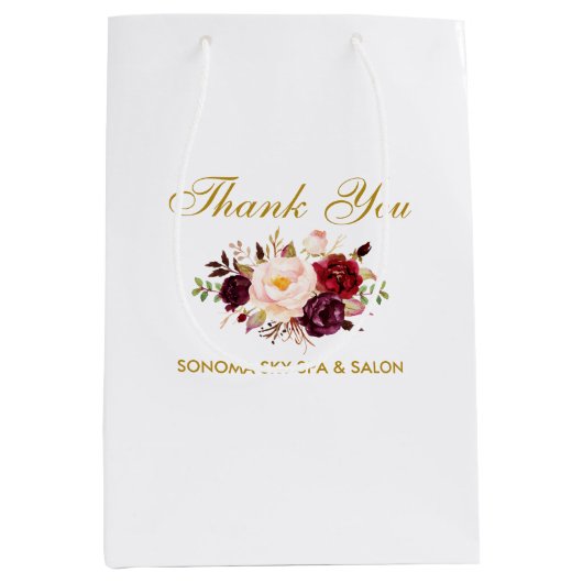 エレガントな水彩画のバーガンディの花の金ゴールドは感謝していしています ミディアムペーパーバッグ (正面)