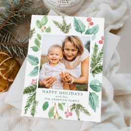 エレガントな水彩画のヒイラギの実とグリーン Photo シーズンカード