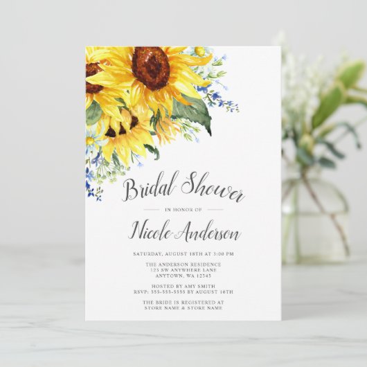 エレガントな水彩画のヒマワリのブライダルシャワー 招待状 (スタンド正面)