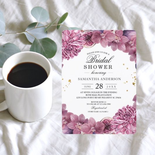 エレガントな水彩画のピンクとパープルのランとイチジク 招待状