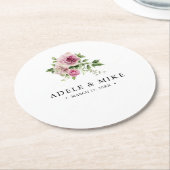 エレガントな水彩画のピンクのバラの花束の結婚式 ラウンドペーパーコースター (アングル)