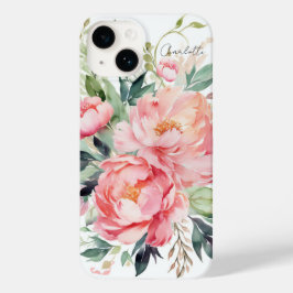エレガントな水彩画のピンクの花のカスタムネーム Case-Mate iPhone 14ケース