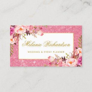 エレガントな水彩画のピンクの花のグリッター 名刺