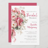エレガントな水彩画のピンクの花のブライダルシャワー 招待状 (正面/裏面)
