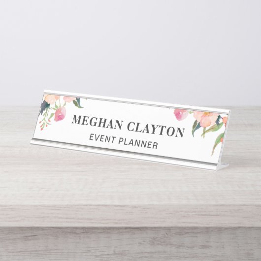 エレガントな水彩画のピンクの花の机の名札 デスクネームプレート (正面)