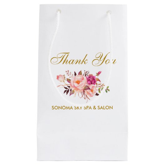 エレガントな水彩画のピンクの花の金ゴールドは感謝していしています スモールペーパーバッグ (正面)