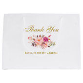 エレガントな水彩画のピンクの花の金ゴールドは感謝していしています ラージペーパーバッグ (正面)