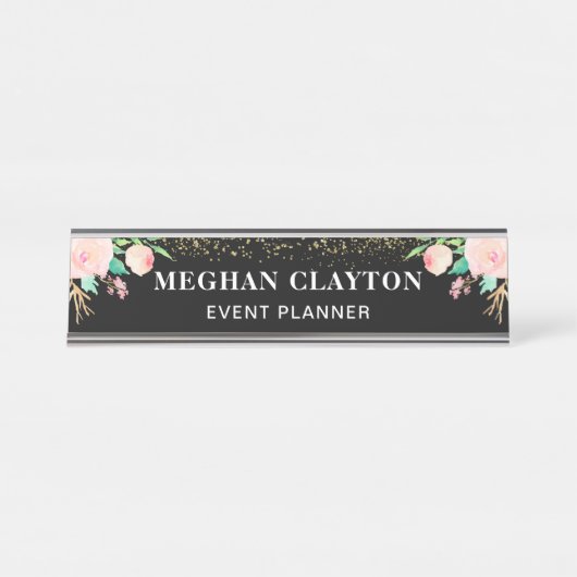 エレガントな水彩画のピンクの花柄の黒 デスクネームプレート (正面)