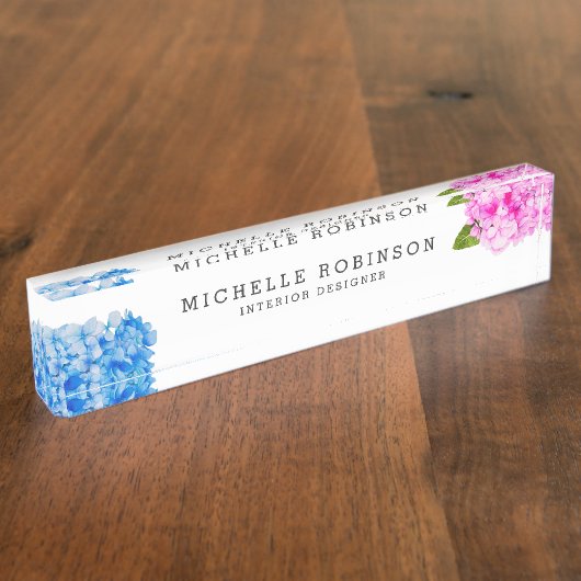 エレガントな水彩画のピンクの青の花模様 デスクネームプレート (側面)