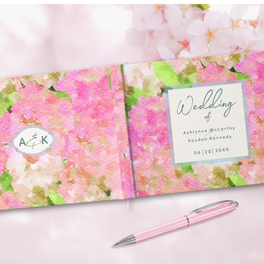 エレガントな水彩画のピンクアジサイガーデンウェディング ゲストブック