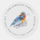 エレガントな水彩画のブルーバード 返送先住所ラベル ラウンドシール (正面)
