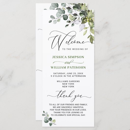 エレガントな水彩画のユーカリのウェディングセレモニー プロ プログラム (正面/裏面)