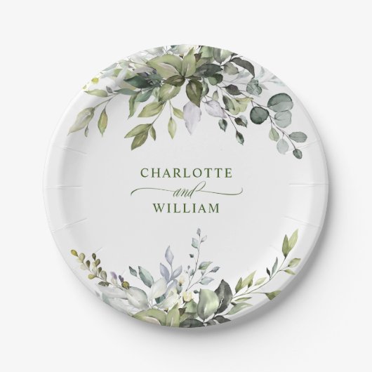 エレガントな水彩画のユーカリのウェディングパーティー ペーパープレート (正面)