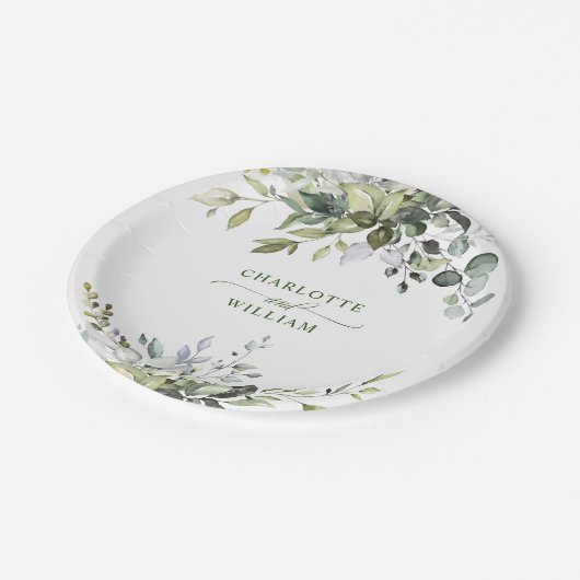 エレガントな水彩画のユーカリのウェディングパーティー ペーパープレート (アングル)