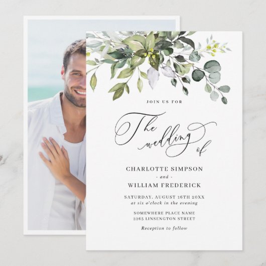 エレガントな水彩画のユーカリの花のウェディングフォト 招待状 (正面/裏面)