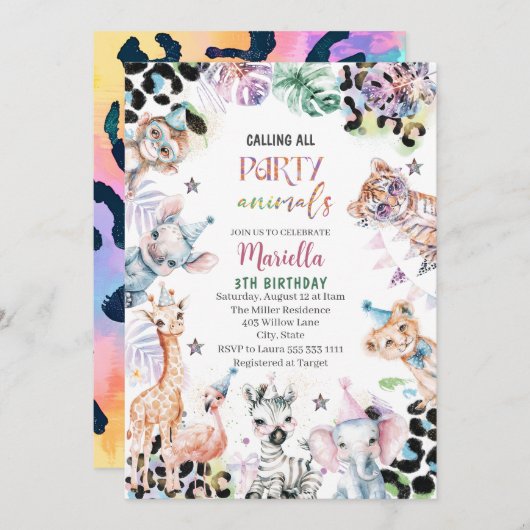 エレガントな水彩画のワイルドチャイルドサファリ動物 3歳B 招待状 (正面/裏面)
