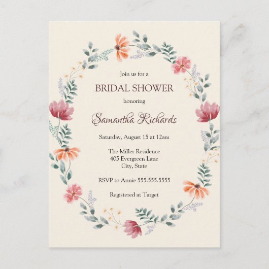 エレガントな水彩画のワイルドフラワーのブライズシャワー ポストカード (正面)