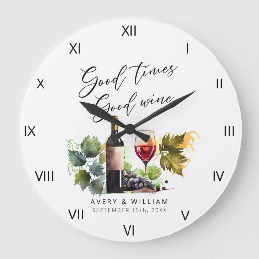 エレガントな水彩画のワインボトルとグラスの新婚夫婦の名前 ラージ壁時計 (正面)