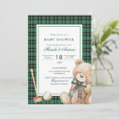 エレガントな水彩画のヴィンテージ・チェック柄のテディベア 赤ちゃん 招待状 (スタンド正面)