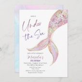 エレガントな水彩画の人魚の尾 3歳誕生日 招待状 (正面/裏面)