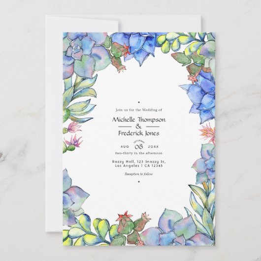 エレガントな水彩画の多肉植物と花のウェディング 招待状 (正面)