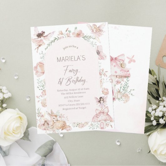 エレガントな水彩画の妖精のファーストバースデー  ベイビーショー 招待状