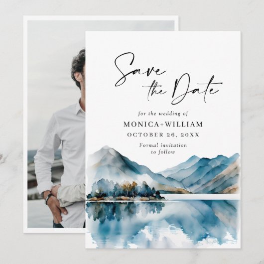 エレガントな水彩画の山々と森のウェディングフォト セーブザデート (正面/裏面)