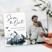 エレガントな水彩画の山々と森のウェディングフォト セーブザデート