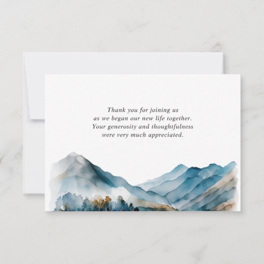 エレガントな水彩画の山々を背景にしたウェディングフォト サンキューカード (裏面)