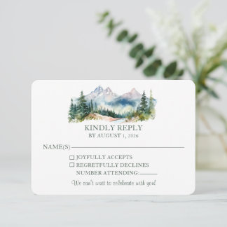 エレガントな水彩画の山の結婚式 出欠カード