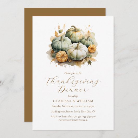 エレガントな水彩画の感謝祭ディナー 招待状 (正面/裏面)