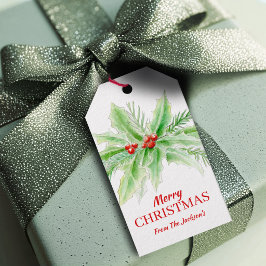 エレガントな水彩画の松とヒイラギのクリスマス オーダーメイド ギフトタグ