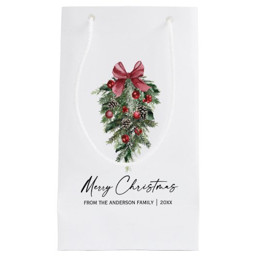 エレガントな水彩画の松のカリグラフィーインククリスマス スモールペーパーバッグ (正面)